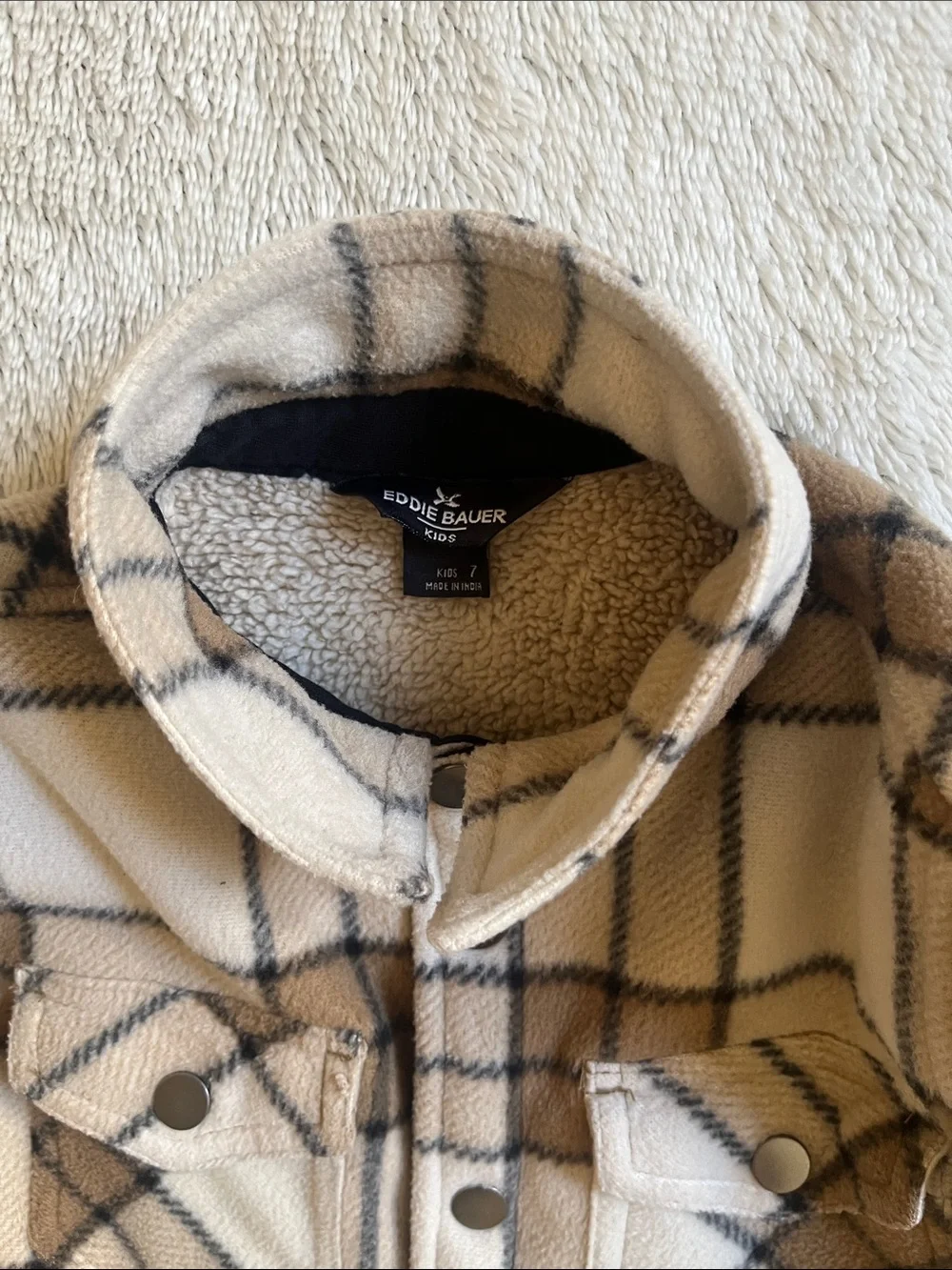 Boys Eddie Bauer Beige and Brown Plaid Fleece Shacket